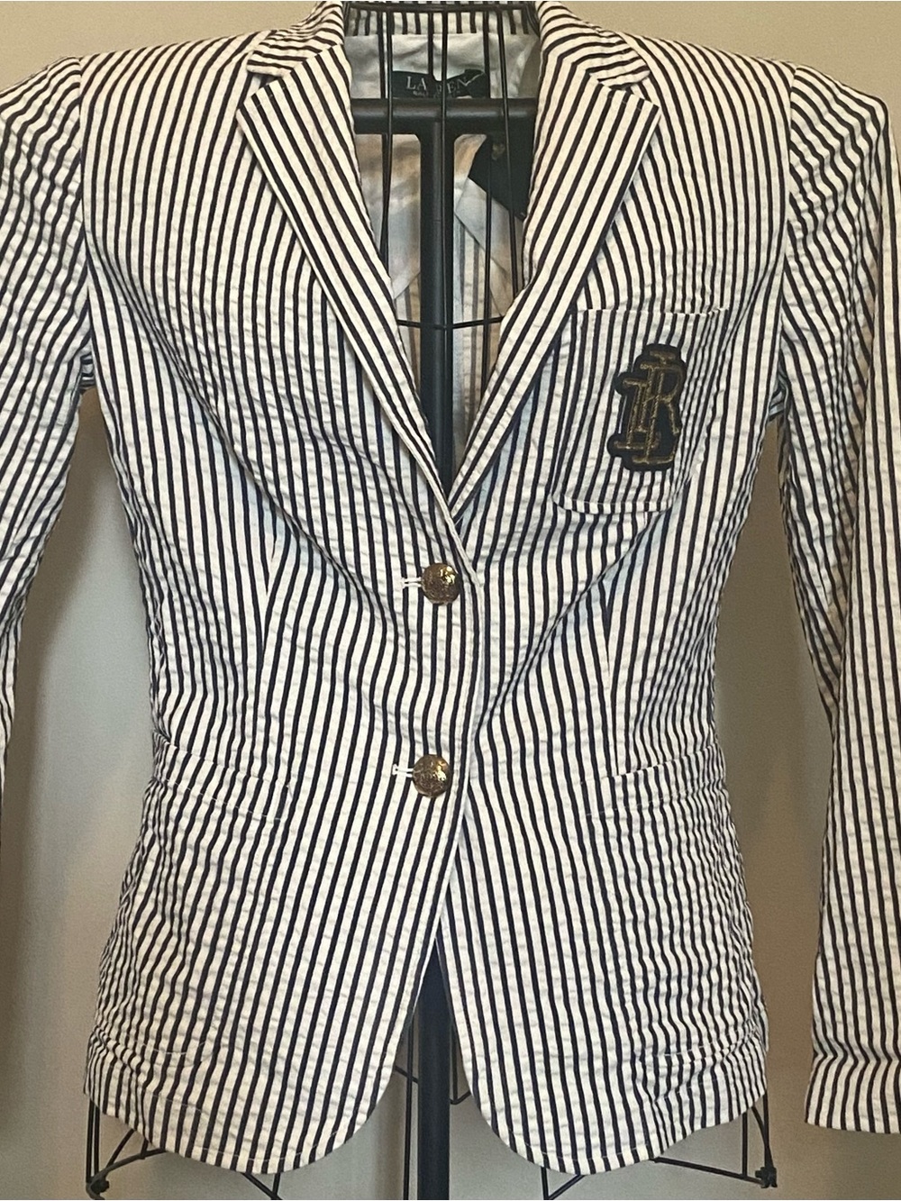 Ralph Lauren Navy & White Striped Blazer with Embroidered Crest - Picture 2 of 5